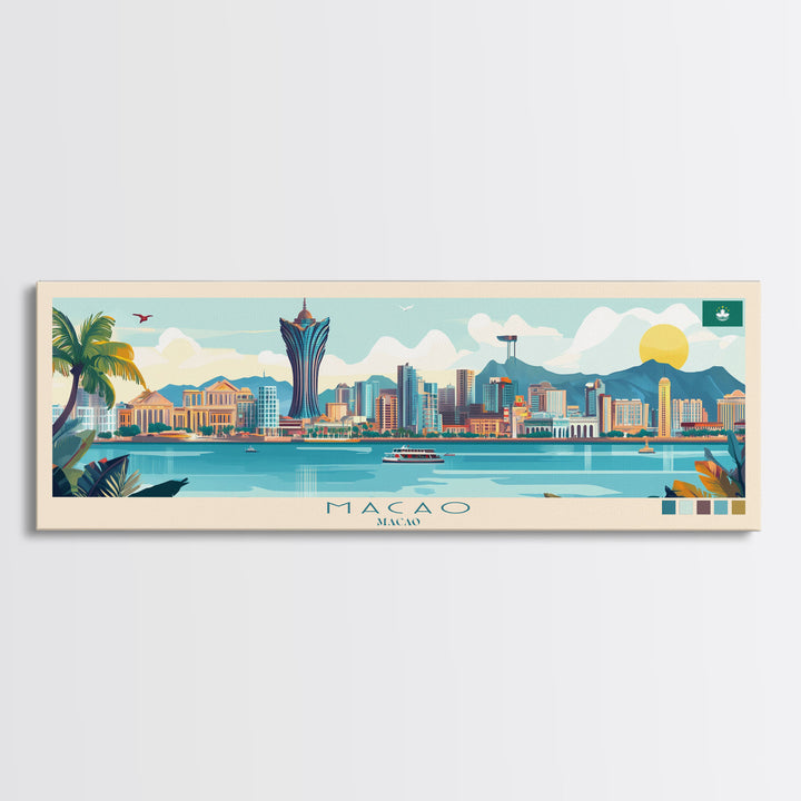 Macao, Macao Panoramic Travel Poster Canvas Print, Macao, Macao Painting, Macao Art, Macao Panoramic Travel Art, Travel Painting