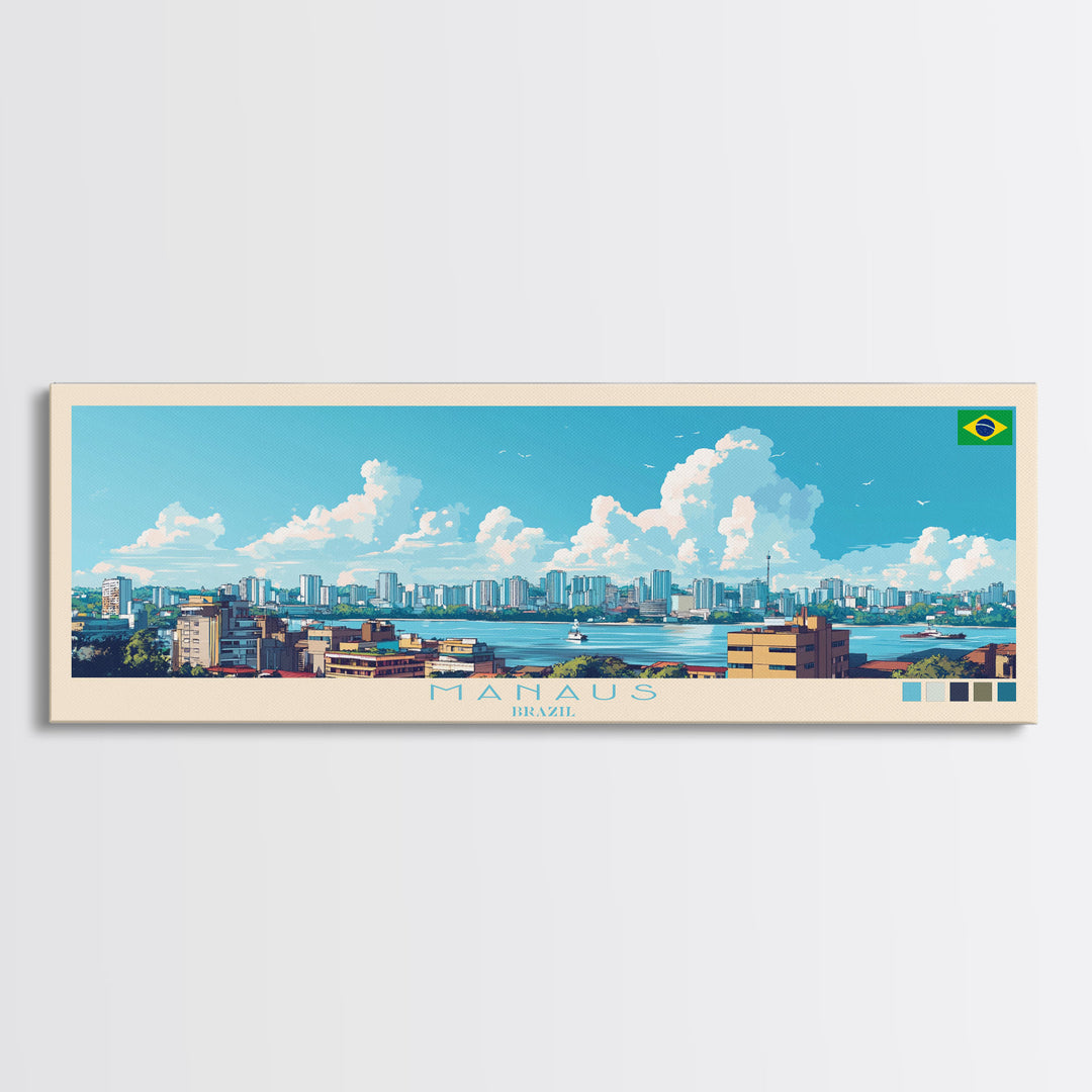Manaus, Brazil Panoramic Travel Poster Canvas Print, Manaus, Brazil Painting, Brazil Art, Manaus Panoramic Travel Art, Travel Painting