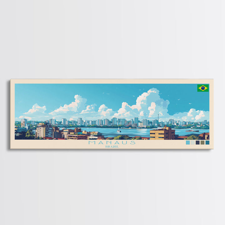 Manaus, Brazil Panoramic Travel Poster Canvas Print, Manaus, Brazil Painting, Brazil Art, Manaus Panoramic Travel Art, Travel Painting