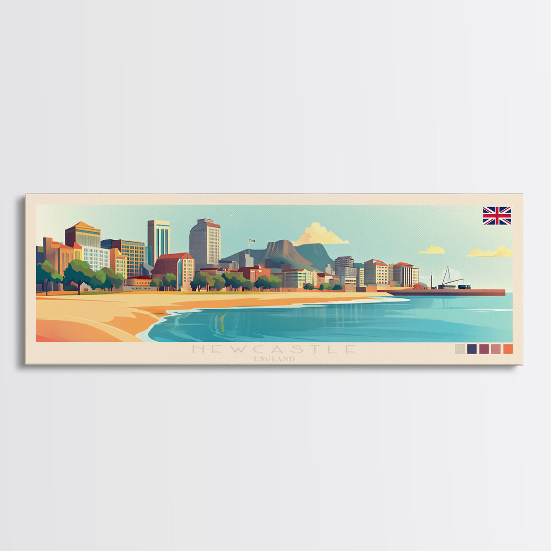 Newcastle, England Panoramic Travel Poster Canvas Print, Newcastle, England Painting, England Art, Newcastle Panoramic Travel Art, Travel Painting