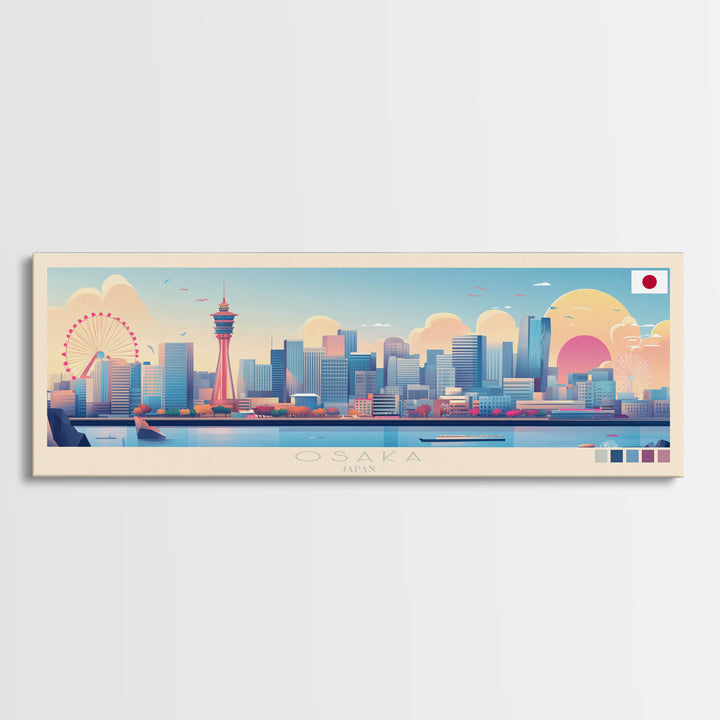 Osaka, Japan Panoramic Travel Poster Canvas Print, Osaka, Japan Painting, Japan Art, Osaka Travel Art, Guest Room Painting