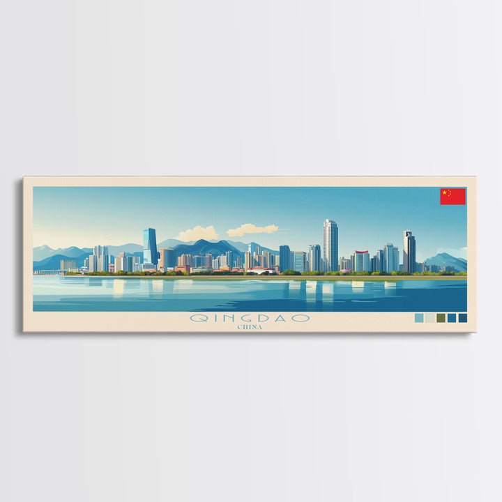 Qingdao, China Panoramic Travel Poster Canvas Print, Qingdao, China Painting, China Art, Qingdao Panoramic Travel Art, Travel Painting