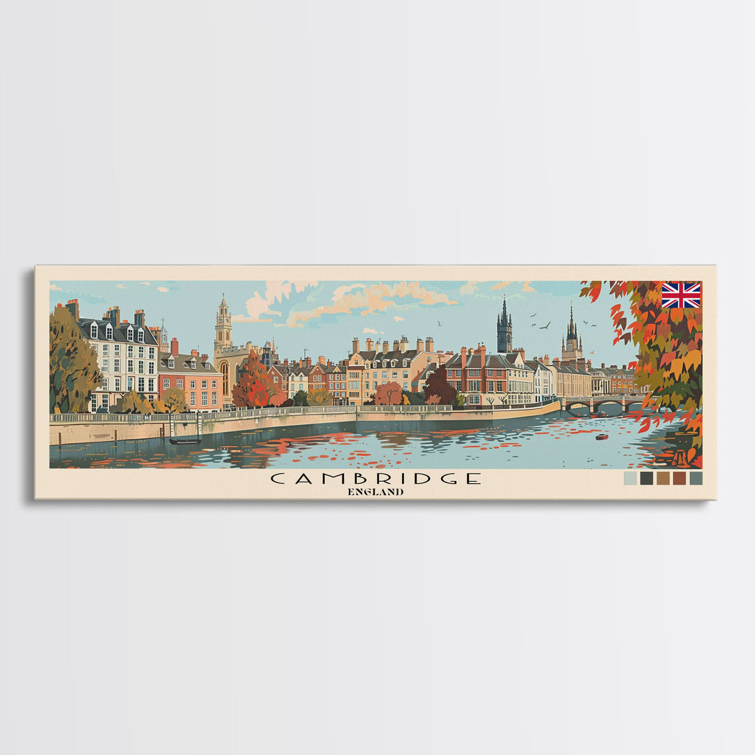 Cambridge, England Panoramic Canvas Print, Cambridge, England Painting, England Art, Cambridge Travel Poster, Travel Art, Living Room Painting