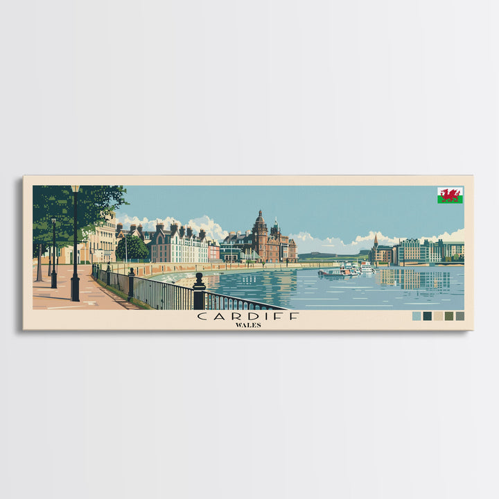 Cardiff, Wales Panoramic Canvas Print, Cardiff, Wales Painting, Wales Art, Cardiff Travel Poster, Travel Art, Guest Room Painting