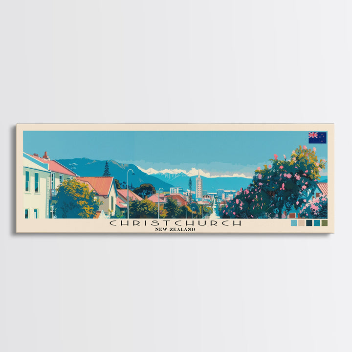 Christchurch, New Zealand Panoramic Canvas Print, Christchurch, New Zealand Painting, New Zealand Art, Christchurch Travel Poster, Travel Art, Housewarming Gift