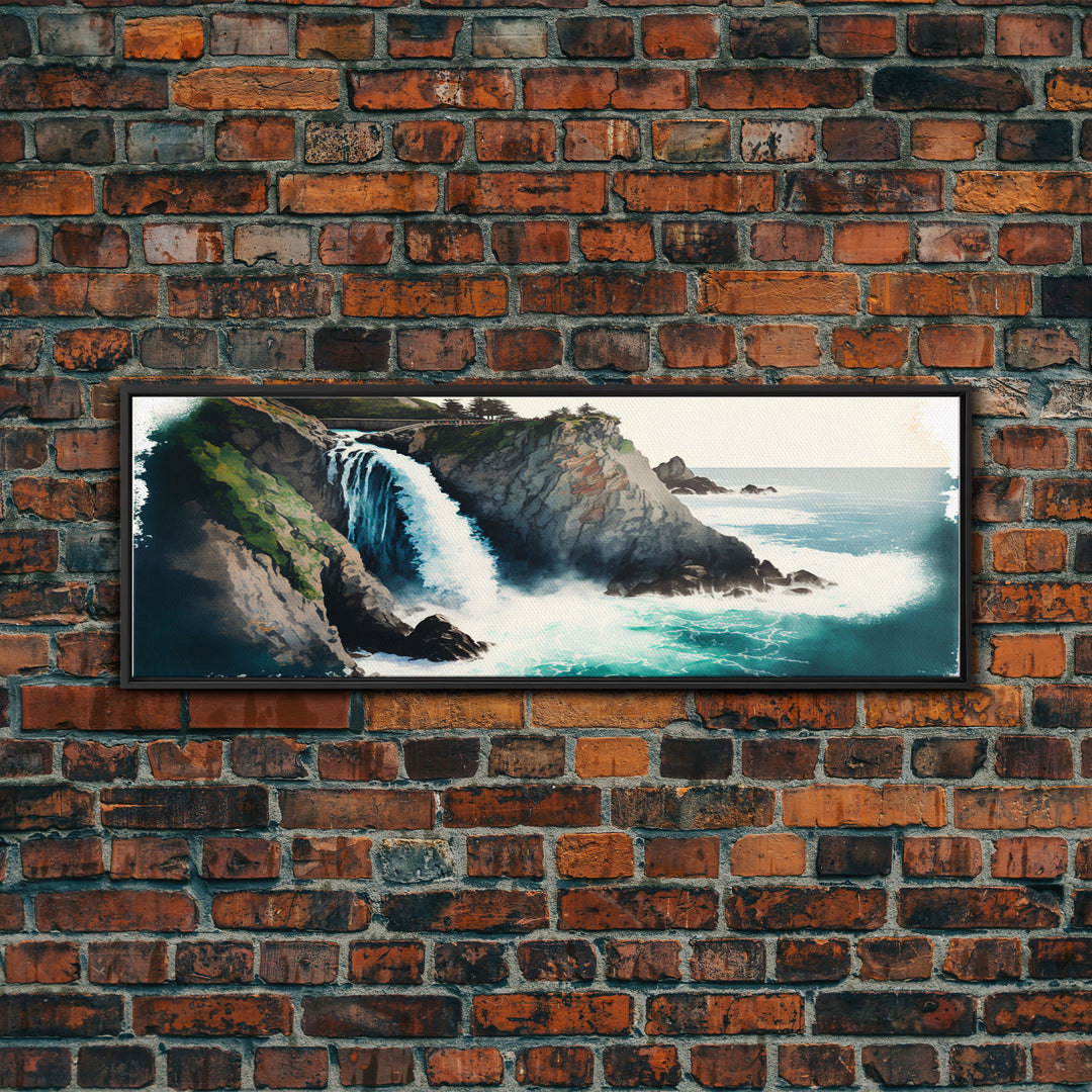 Panoramic Framed Canvas Print - Watercolor Fantasy Waterfall - Home Decor, Living Room, Secret Water Fall, Fantasy Art