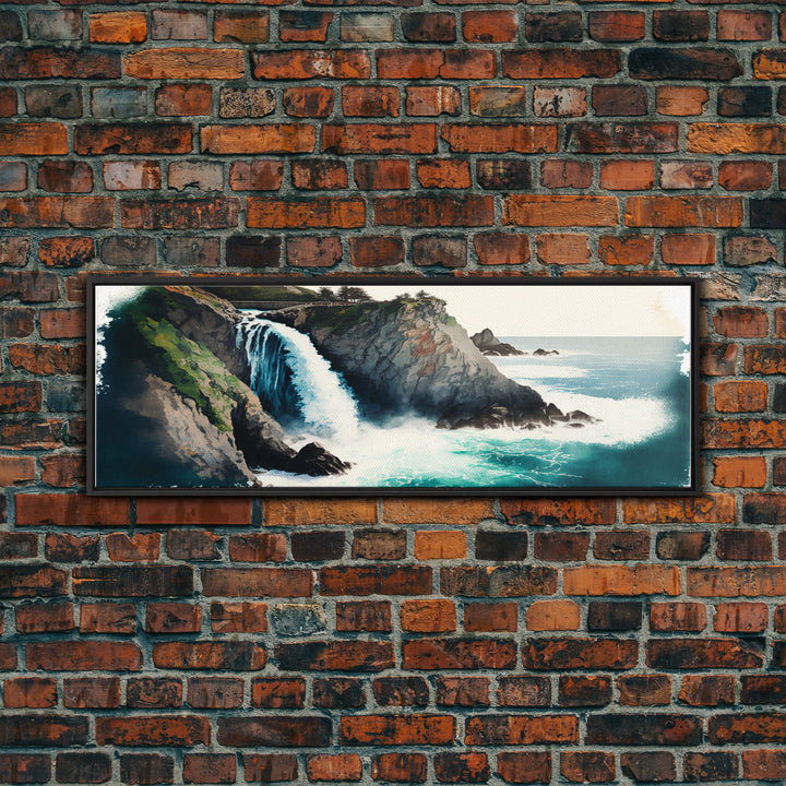 Panoramic Framed Canvas Print - Watercolor Fantasy Waterfall - Home Decor, Living Room, Secret Water Fall, Fantasy Art