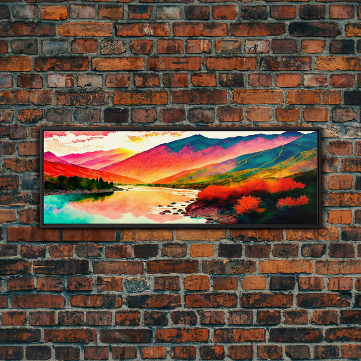 Colorful Abstract Watercolor Landscape, Framed Panoramic Canvas Print, Wide Art, Rainbow landscape painting, surrealist art