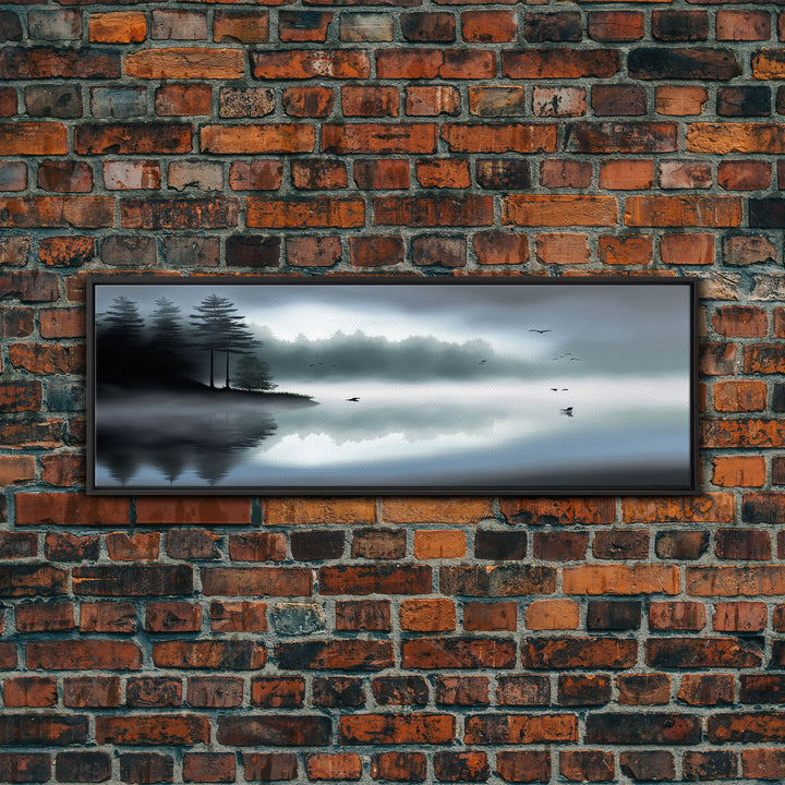 Pacific Northwest Lake & Pine Tree Forest Foggy Watercolor Canvas Print - Framed Panoramic Wall Art Home Decor
