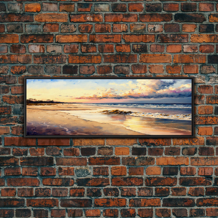 Panoramic Beach Sunset Canvas Print, Watercolor Landscape Framed Art, Whimsical Home Decor, Nature Wall Art, Wide Wall Art