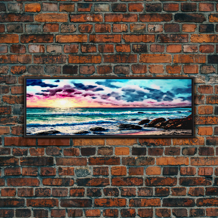 Vibrant Beach Panoramic Framed Canvas Print - Watercolor Landscape Painting with Clouds & Waves - For Home or Office Decor