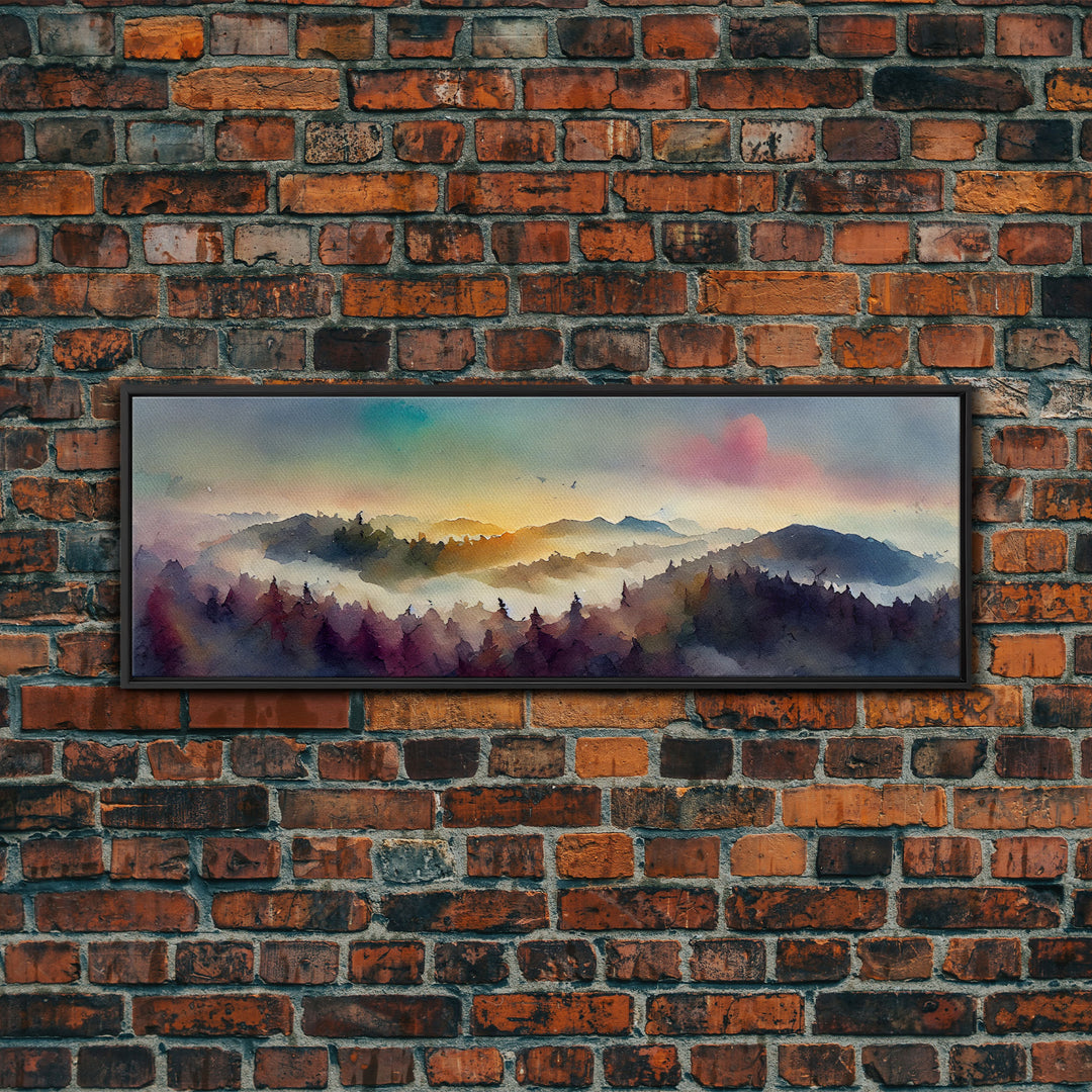 Dramatic Watercolor Sunset Landscape, Ready To Hang Canvas Print, Panoramic, Emerald Green Landscape Wall Decor, Watercolour Painting