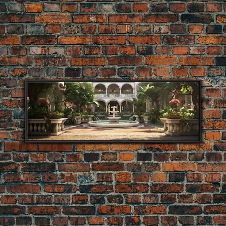 The Court Yard With The Marble Fountain, Framed Canvas Print, Watercolor Painting Framed Wall Art