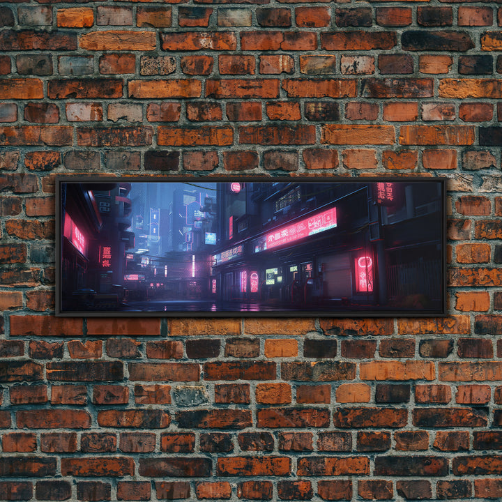 Neon Tokyo Streets, Futuristic Cyberpunk Cityscape Painting Framed Canvas Print, Game Room Decor, Framed Wall Art