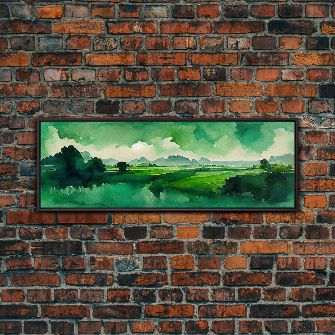 Watercolor Forest Landscape, Emerald Green, Extra Large Wall Art, Framed Panoramic Canvas Print, Framed Wall Decor