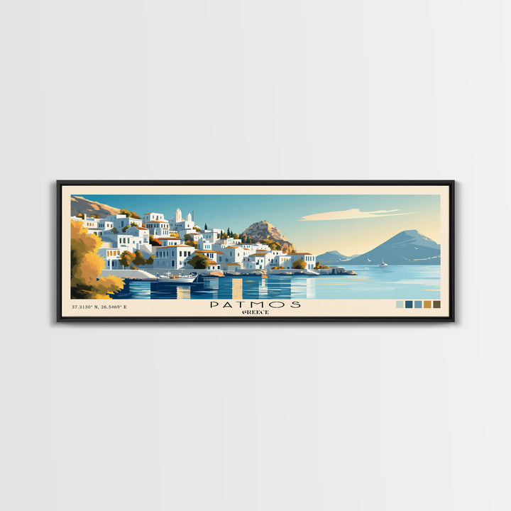 Patmos, Greece Panoramic Beach Print, Vacation Gift, Greece Wall Art, Beach Painting, Beach Decor, Beach Painting
