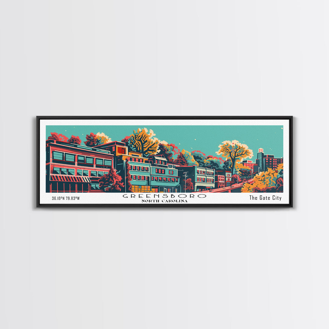 Greensboro North Carolina Travel Poster Framed Canvas Print, Panoramic Mid Century Modern Art, Pop Art Style, Wall Decor, Home Decor, Retro Style Art