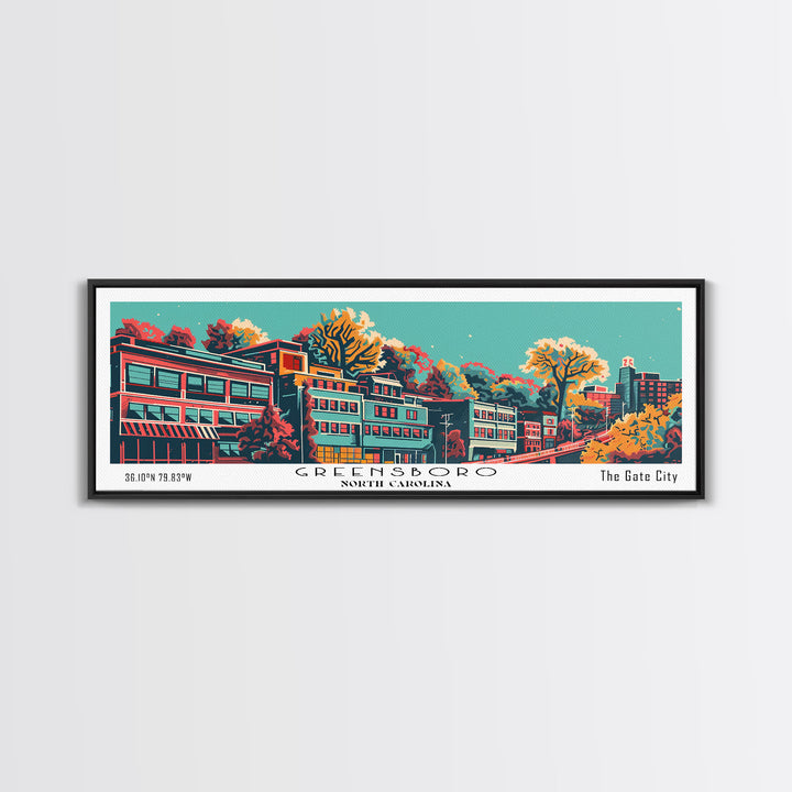 Greensboro North Carolina Travel Poster Framed Canvas Print, Panoramic Mid Century Modern Art, Pop Art Style, Wall Decor, Home Decor, Retro Style Art