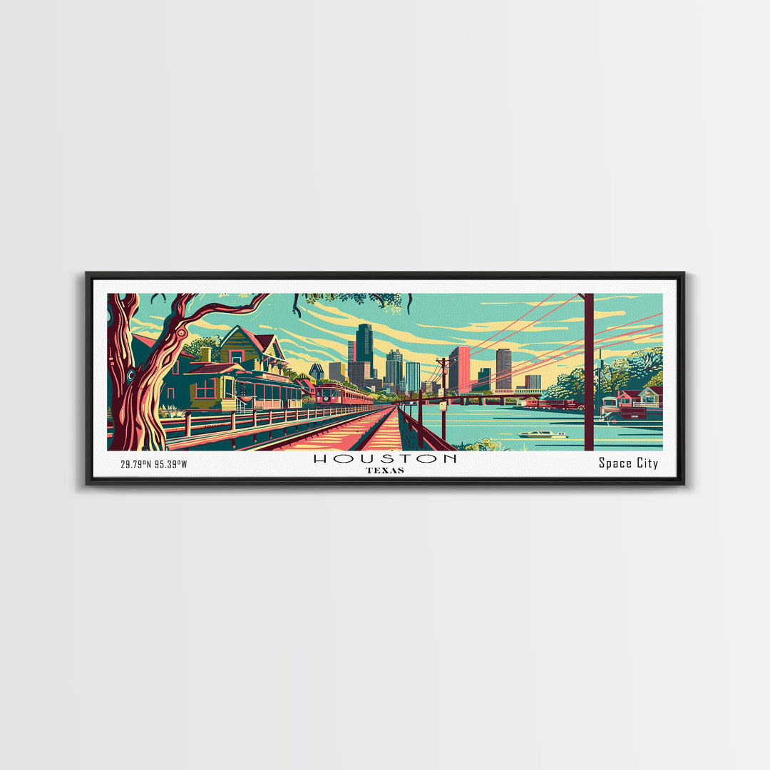 Houston Texas Panoramic Travel Poster Framed Canvas Print, Mid Century Modern Art, Pop Art Style, Wall Art, Living Room Decor, Home Decor, Retro Style Art