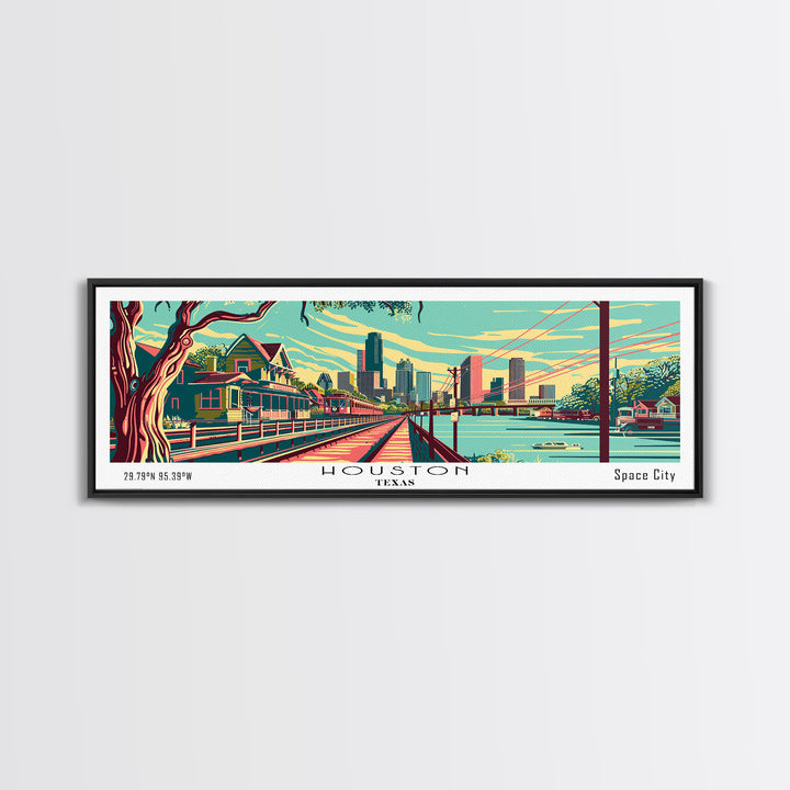 Houston Texas Panoramic Travel Poster Framed Canvas Print, Mid Century Modern Art, Pop Art Style, Wall Art, Living Room Decor, Home Decor, Retro Style Art