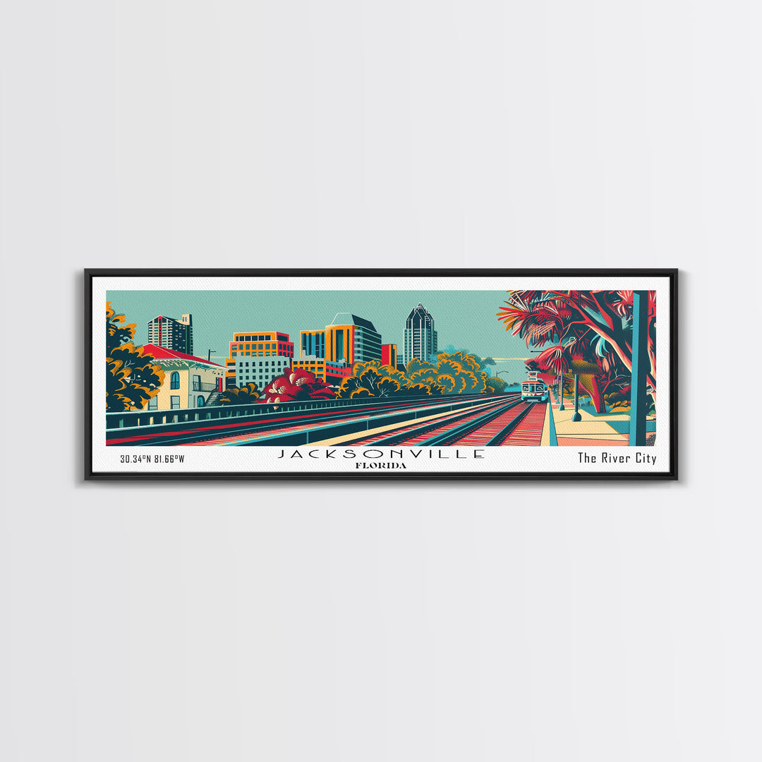 Jacksonville Florida Travel Poster Framed Canvas Print, Panoramic Mid Century Modern Art, Pop Art Style, Wall Art, Home Decor, Wall Hanging, Vintage Wall Art