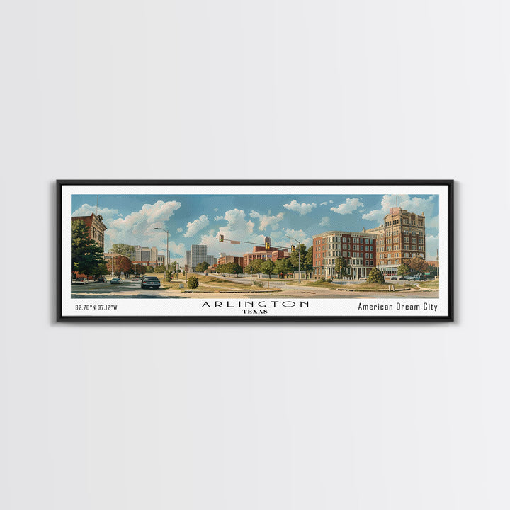 Arlington Texas Panoramic Painting, Watercolor Framed Canvas Print, Scenic City Art, Travel Poster, Wall Decor, Living Room Art, Gift Idea
