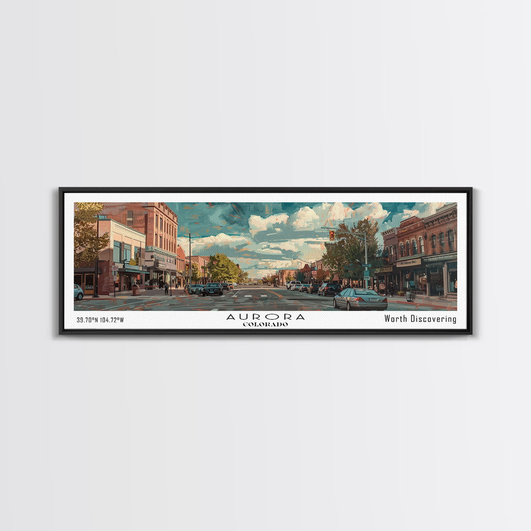 Aurora Colorado Panoramic Painting, Watercolor Framed Canvas Print, Scenic City Art, Travel Poster, Home Decor, Wall Hanging, Office Wall Art