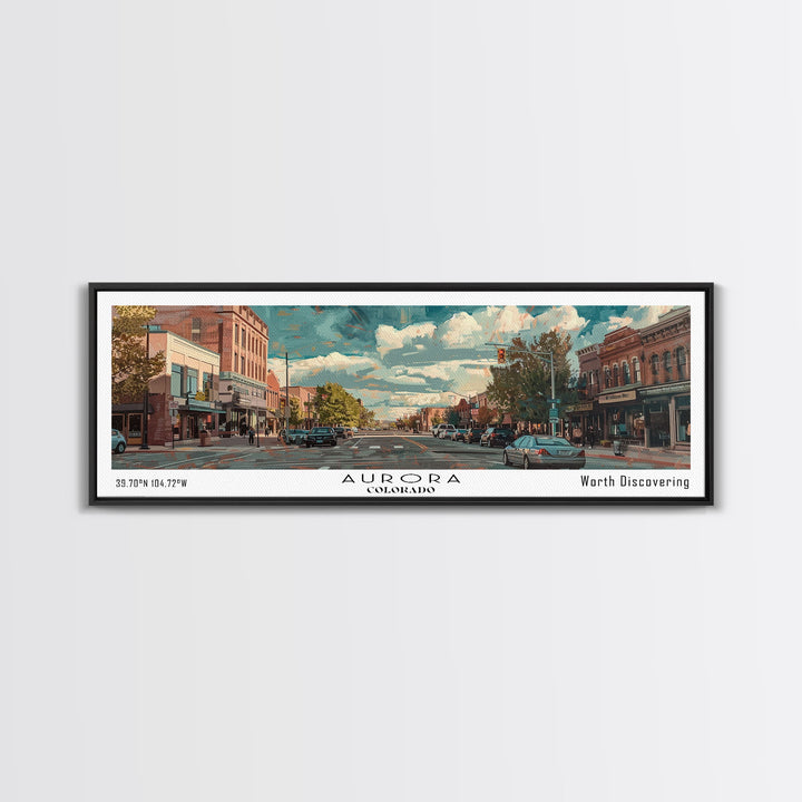 Aurora Colorado Panoramic Painting, Watercolor Framed Canvas Print, Scenic City Art, Travel Poster, Home Decor, Wall Hanging, Office Wall Art