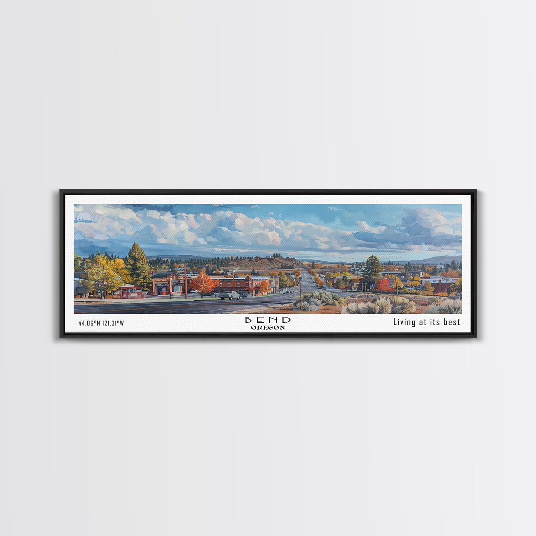 Bend Oregon Panoramic Watercolor Painting, Framed Canvas Print, Scenic City Art, Travel Poster, Wall Decor, Living Room Art, Gift Idea
