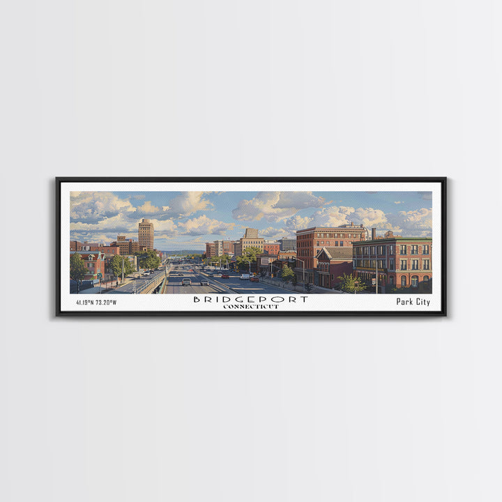 Bridgeport Connecticut Panoramic Painting, Watercolor Framed Canvas Print, Scenic City Art, Travel Poster, Home Decor, Wall Art, Office Wall Art