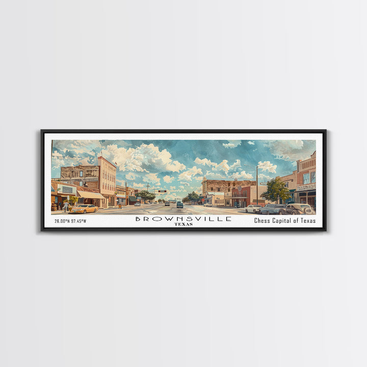 Brownsville Texas Panoramic Painting, Watercolor Framed Canvas Print, Scenic City Art, Travel Poster, Wall Decor, Living Room Art, Gift Idea