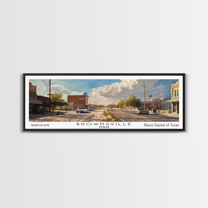 Brownsville Texas Panoramic Watercolor Painting, Framed Canvas Print, Scenic City Art, Travel Poster, Home Decor, Wall Art, Office Wall Art