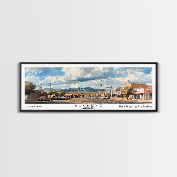 Buckeye Arizona Panoramic Watercolor Painting Framed Canvas Print, Travel Poster Art, Home Decor, Vibrant Arizona Cityscape, Office Decoration, Living Room Wall Art, Unique Gift