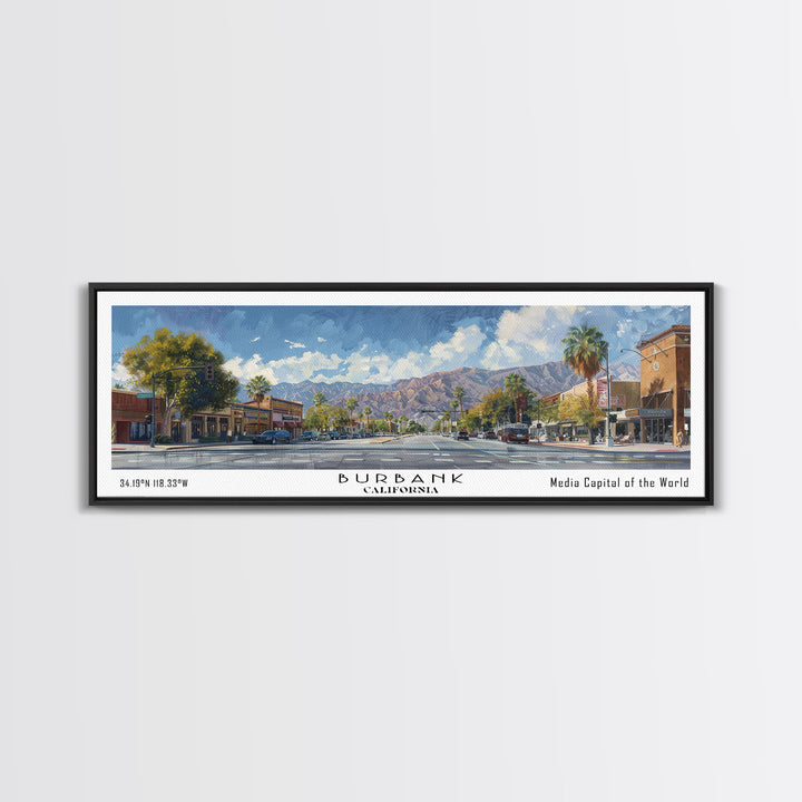 Burbank California Panoramic Watercolor Painting Framed Canvas Print, Travel Poster Art, Home Decor, Charming Cityscape, Bedroom Wall Art, Office Decoration, Gift for Travelers