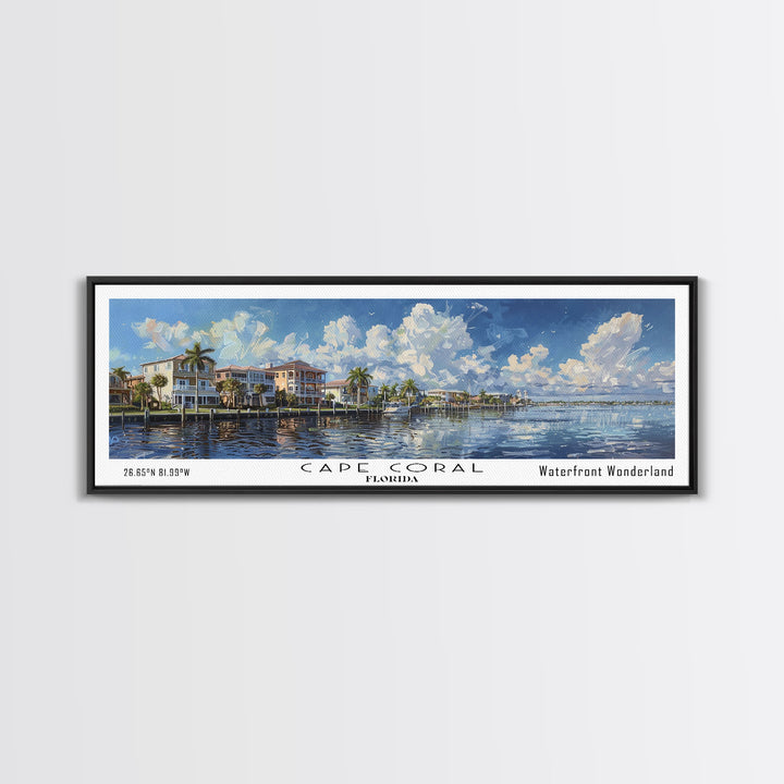 Cape Coral Florida Panoramic Watercolor Painting Framed Canvas Print, Travel Poster Art, Coastal Cityscape, Living Room Decor, Wall Hanging, Office Art, Unique Gift Idea