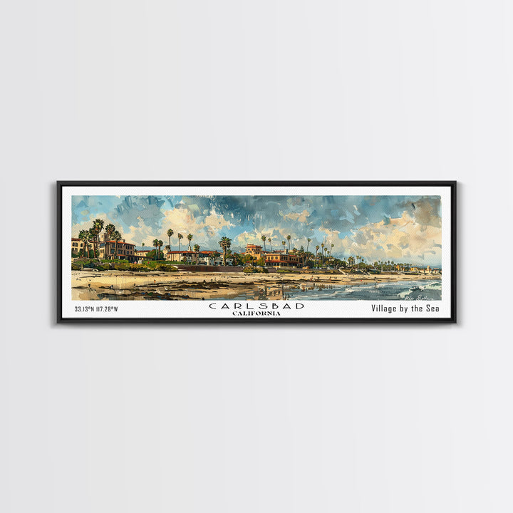 Carlsbad California Panoramic Watercolor Painting Framed Canvas Print, Travel Poster Art, Coastal Home Decor, Picturesque Cityscape, Wall Art for Bedroom, Office Wall Decoration, Travel Enthusiast Gift