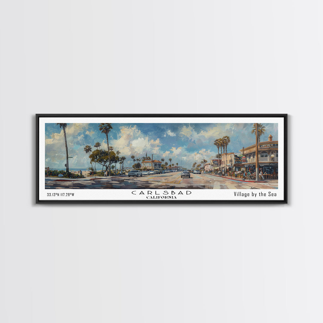 Carlsbad California Panoramic Watercolor Style Framed Canvas Print, Coastal Travel Poster, Home Decor, Picturesque Seascape, Office Wall Art, Living Room Decoration, Unique Gift Idea