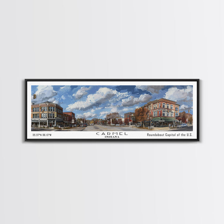 Carmel Indiana Panoramic Watercolor Painting Framed Canvas Print, Travel Poster Art, Home Decor, Picturesque Indiana Cityscape, Living Room Wall Art, Office Decoration, Gift for Art Lovers