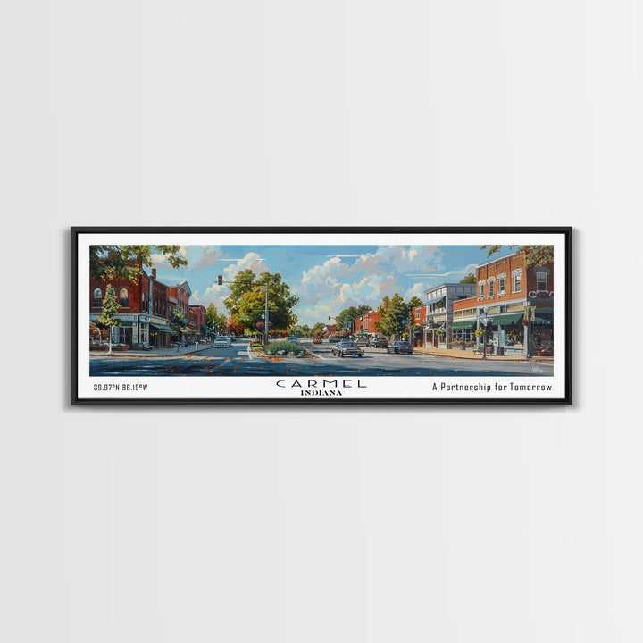 Carmel Indiana Panoramic Watercolor Painting Framed Canvas Print, Travel Poster Art, Charming Cityscape, Home Decor, Bedroom Wall Art, Office Decoration, Unique Travel Gift