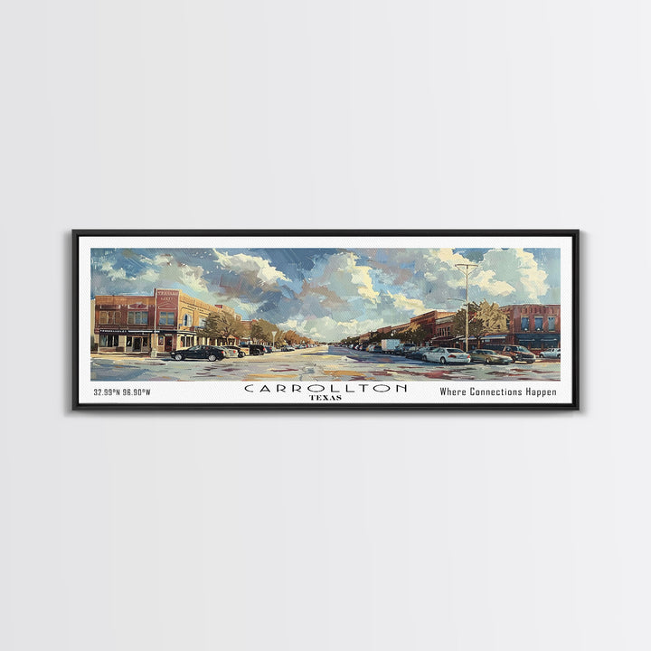 Carrolton Texas Panoramic Watercolor Painting Framed Canvas Print, Travel Poster Art, Home Decor, Texas City Landscape, Bedroom Wall Art, Office Decoration, Texas-Themed Gift