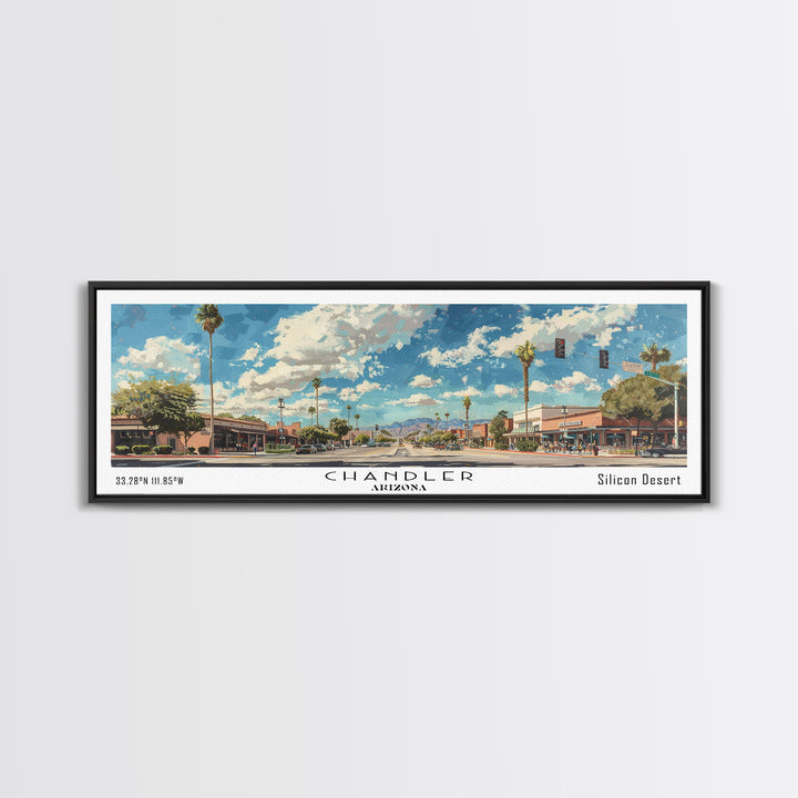 Chandler Arizona Panoramic Watercolor Painting Framed Canvas Print, Travel Poster Art, Home Decor, Desert Cityscape, Bedroom Wall Art, Office Decoration, Unique Travel Gift