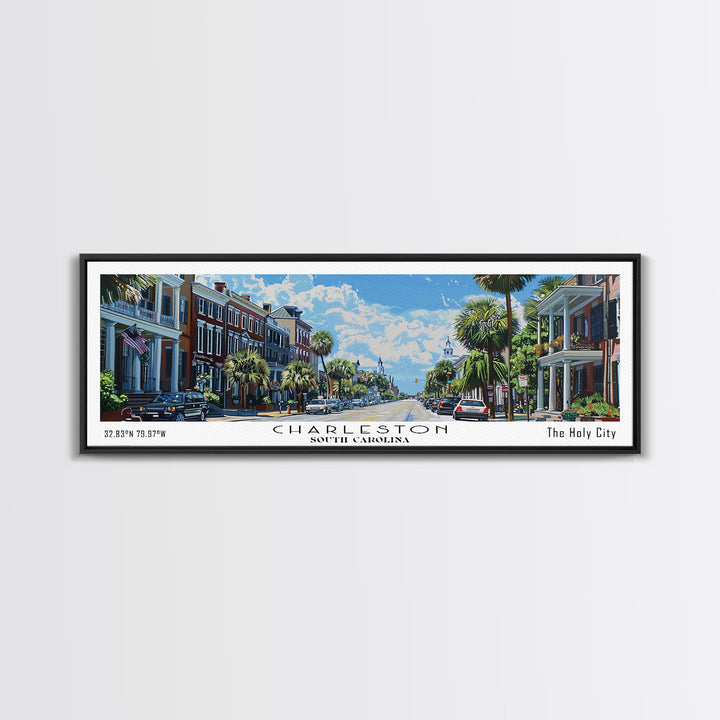 Charleston South Carolina Panoramic Watercolor Painting Framed Canvas Print, Travel Poster Art, Coastal Cityscape, Living Room Decor, Wall Hanging, Office Art, Southern Charm Gift