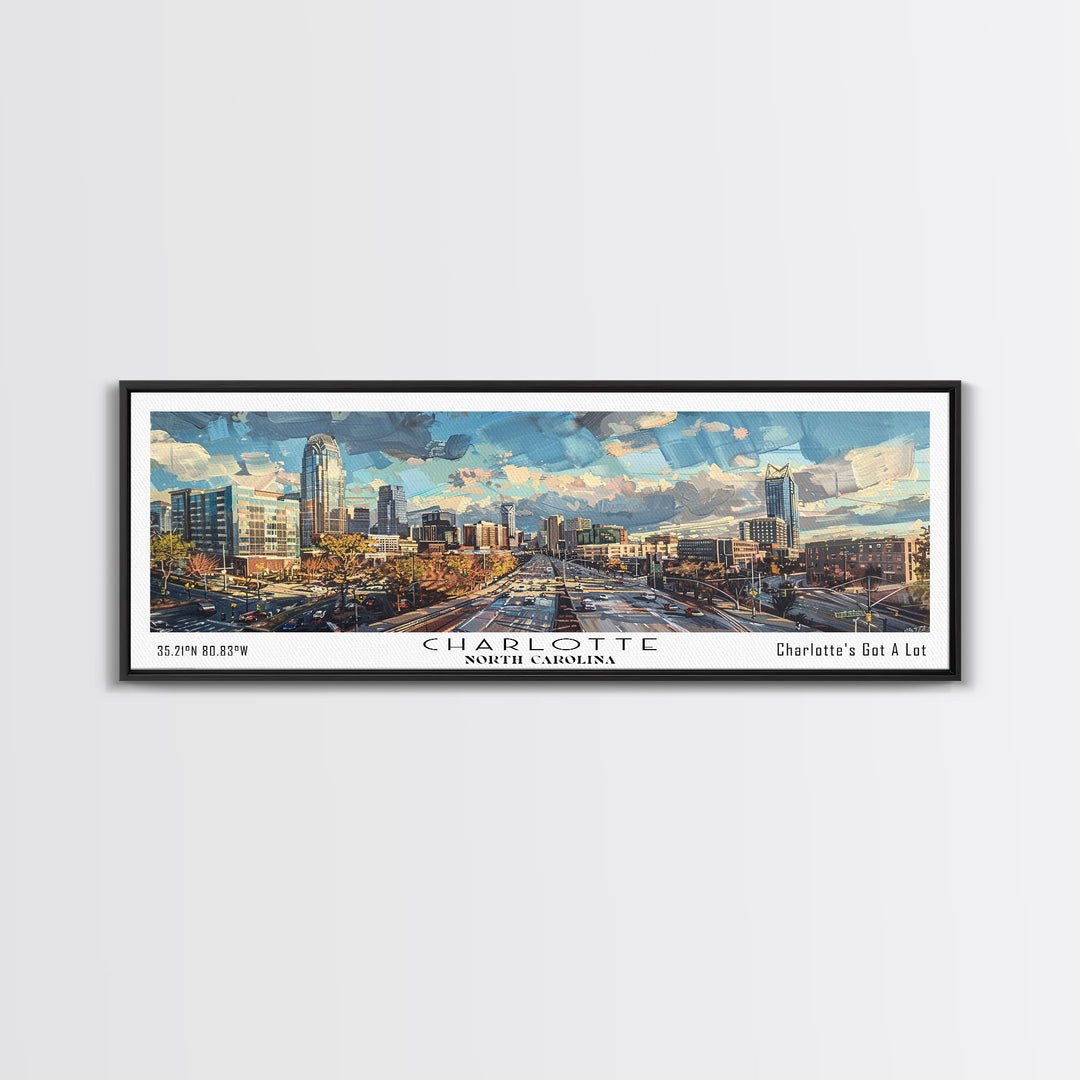Charlotte North Carolina Panoramic Watercolor Painting Framed Canvas Print, Travel Poster Art, Urban Landscape, Home Decor, Bedroom Wall Art, Office Decoration, Unique Travel Gift