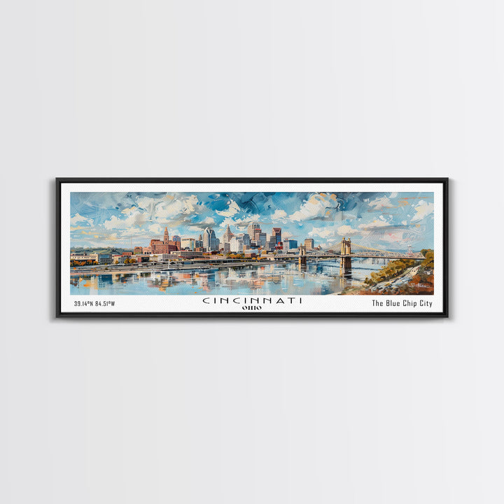 Cincinnati Ohio Panoramic Watercolor Painting Framed Canvas Print, Travel Poster Art, Urban Cityscape, Home Decor, Living Room Wall Art, Office Decoration, Gift for Ohioans