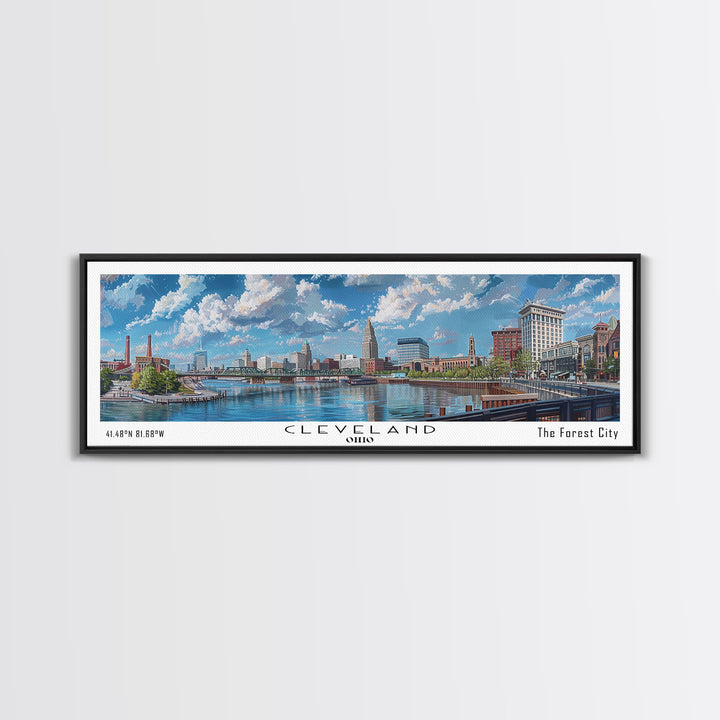 Cleveland Ohio Panoramic Watercolor Painting Framed Canvas Print, Travel Poster Art, Urban Landscape, Bedroom Wall Art, Living Room Decoration, Office Wall Art, Ohio-Themed Gift
