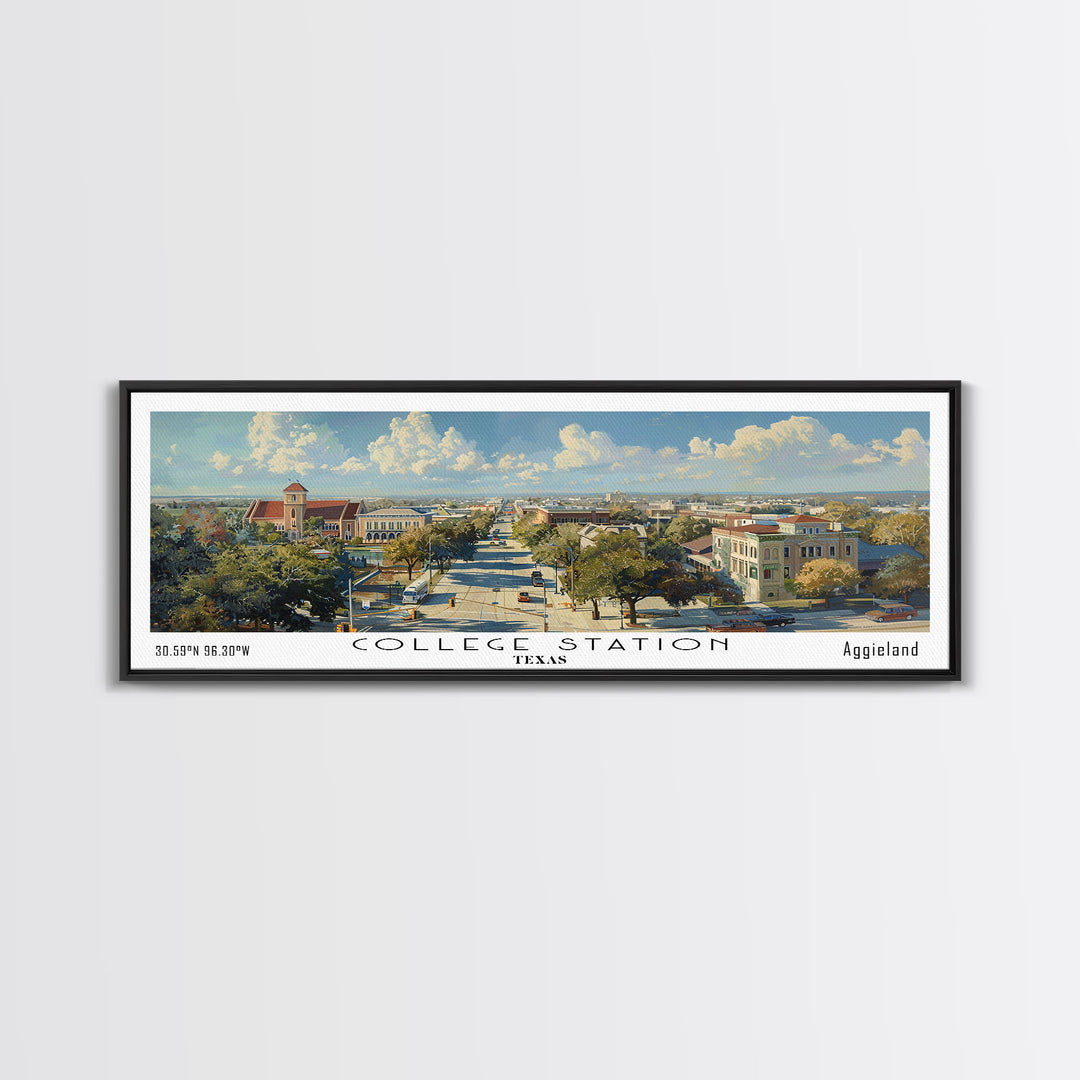 College Station Texas Panoramic Watercolor Painting Framed Canvas Print, Travel Poster Art, Cityscape, Living Room Decor, Wall Hanging, Office Art, Texas-Themed Gift