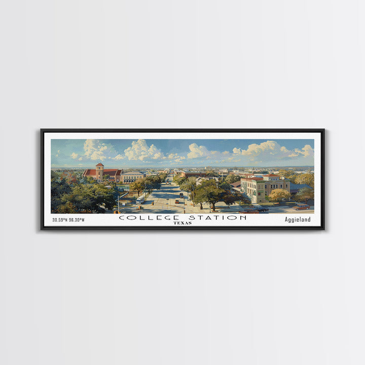 College Station Texas Panoramic Watercolor Painting Framed Canvas Print, Travel Poster Art, Cityscape, Living Room Decor, Wall Hanging, Office Art, Texas-Themed Gift