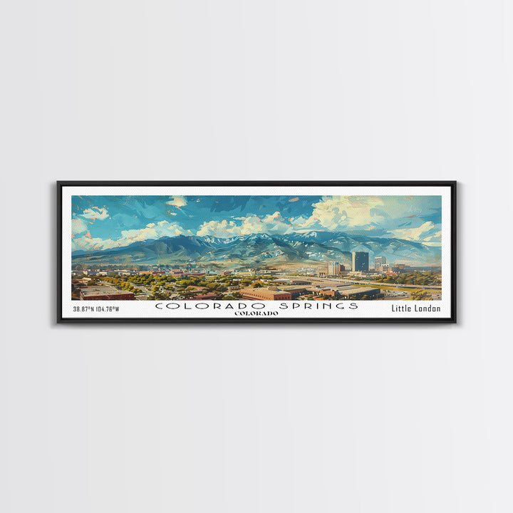 Colorado Springs Colorado Panoramic Watercolor Painting Framed Canvas Print, Travel Poster Art, Mountain Cityscape, Living Room Decor, Wall Art, Office Decoration, Colorado Gift