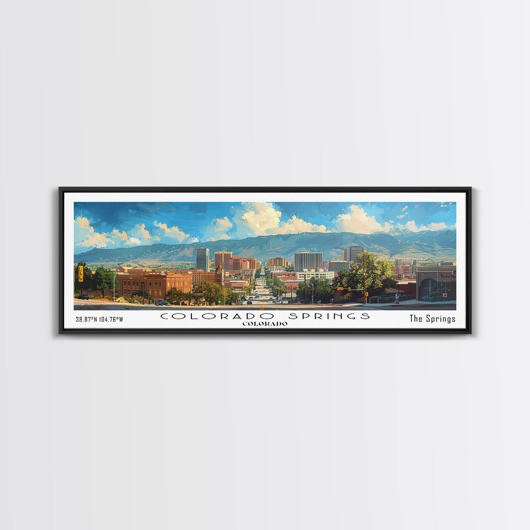 Colorado Springs Colorado Panoramic Watercolor Painting Framed Canvas Print, Travel Poster Art, Mountain Landscape, Home Decor, Bedroom Wall Art, Office Decoration, Colorado-Themed Gift