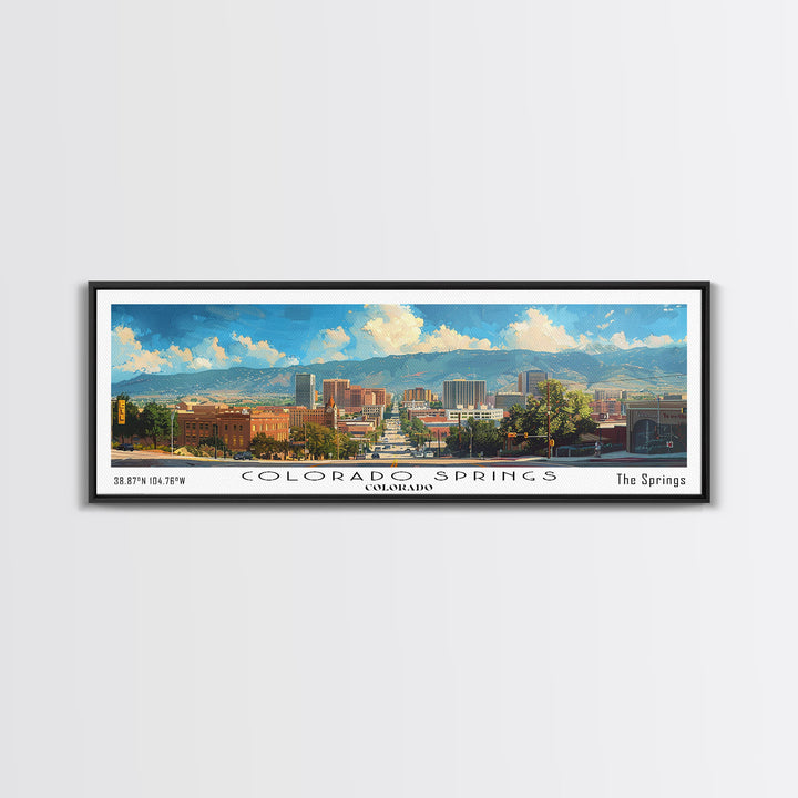 Colorado Springs Colorado Panoramic Watercolor Painting Framed Canvas Print, Travel Poster Art, Mountain Landscape, Home Decor, Bedroom Wall Art, Office Decoration, Colorado-Themed Gift